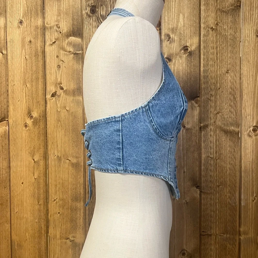 NWT Edikted Medium Denim Corset Cropped Halter Top - Picture 4 of 8